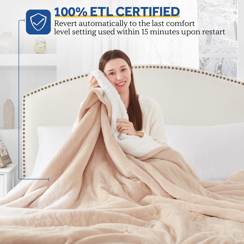 SEALY Electric Blanket King Size, Flannel & Sherpa Heated Blanket with 10 Heating Levels & 1-12 Hours Auto Shut Off, Fast Heating Warming Blanket, Machine Washable, Beige, 100 x 90 Inch - Image 5