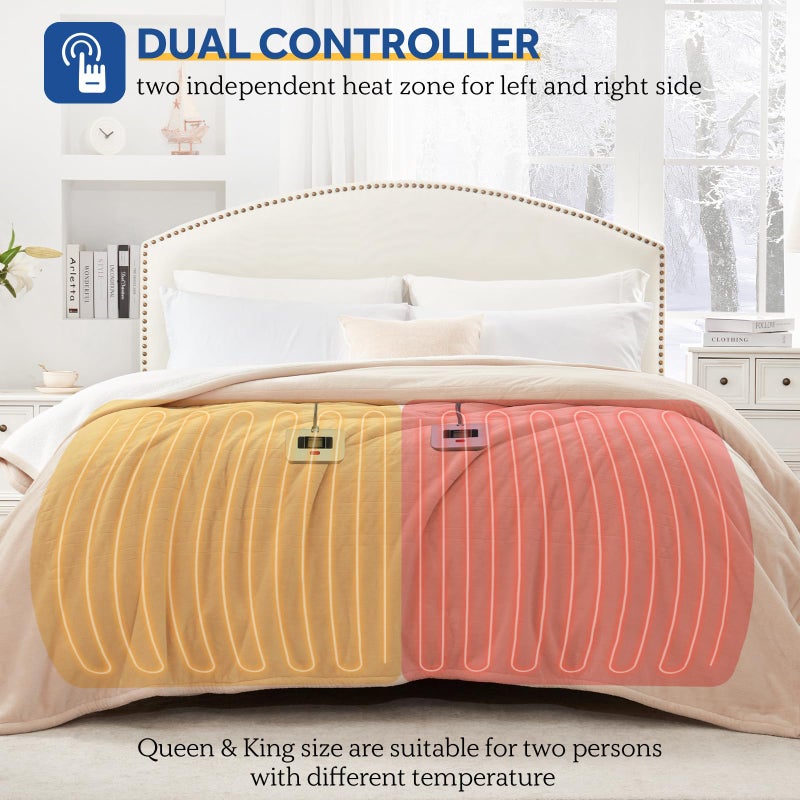 SEALY Electric Blanket King Size, Flannel & Sherpa Heated Blanket with 10 Heating Levels & 1-12 Hours Auto Shut Off, Fast Heating Warming Blanket, Machine Washable, Beige, 100 x 90 Inch - Image 3
