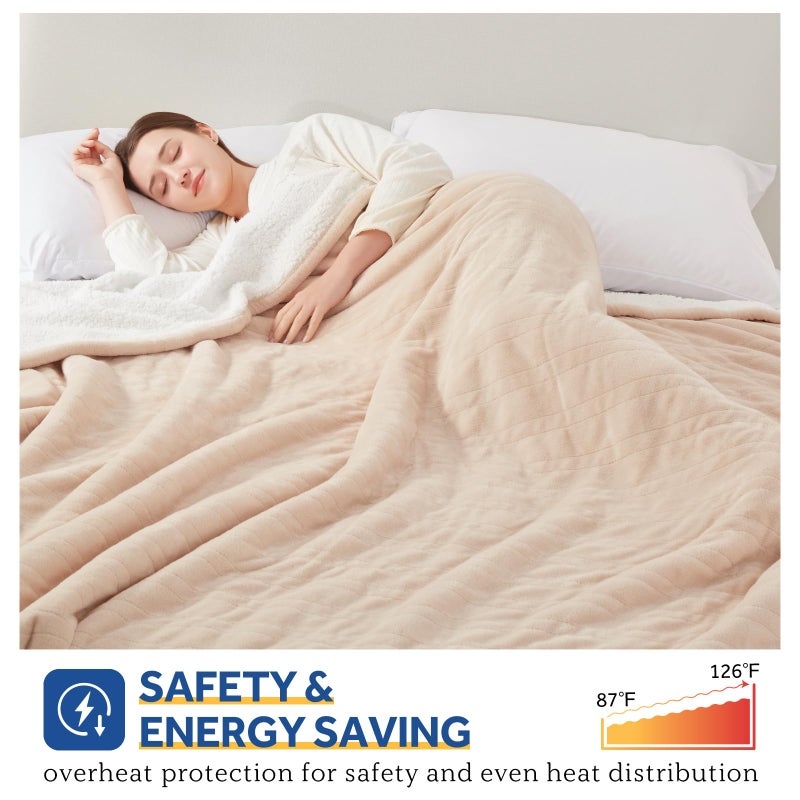 SEALY Electric Blanket King Size, Flannel & Sherpa Heated Blanket with 10 Heating Levels & 1-12 Hours Auto Shut Off, Fast Heating Warming Blanket, Machine Washable, Beige, 100 x 90 Inch - Image 4
