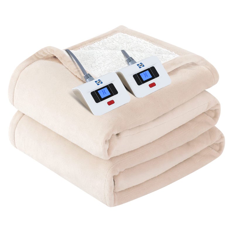 SEALY Electric Blanket King Size, Flannel & Sherpa Heated Blanket with 10 Heating Levels & 1-12 Hours Auto Shut Off, Fast Heating Warming Blanket, Machine Washable, Beige, 100 x 90 Inch - Image 1