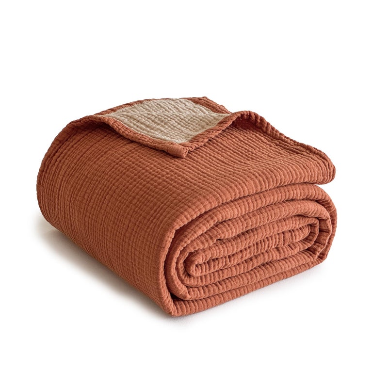 Simple&Opulence 100% Cotton Muslin Blanket, Lightweight Breathable 4 Layering Soft Cotton Throw Blanket,Gauze Blanket for Bed Couch Camping All-Season Use (Rust Orange, 50"x60") - Image 1
