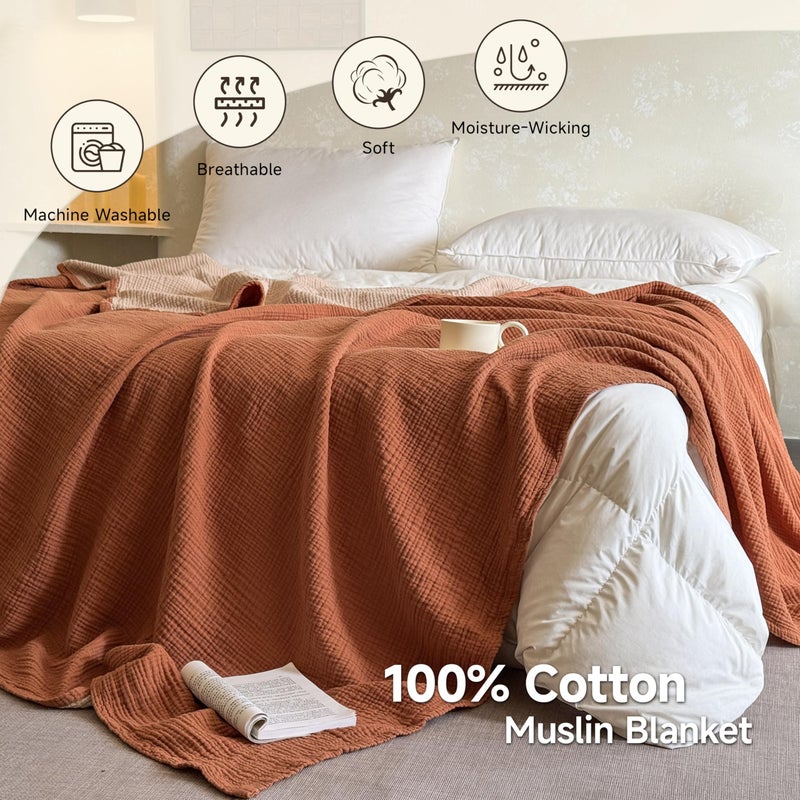Simple&Opulence 100% Cotton Muslin Blanket, Lightweight Breathable 4 Layering Soft Cotton Throw Blanket,Gauze Blanket for Bed Couch Camping All-Season Use (Rust Orange, 50"x60") - Image 4