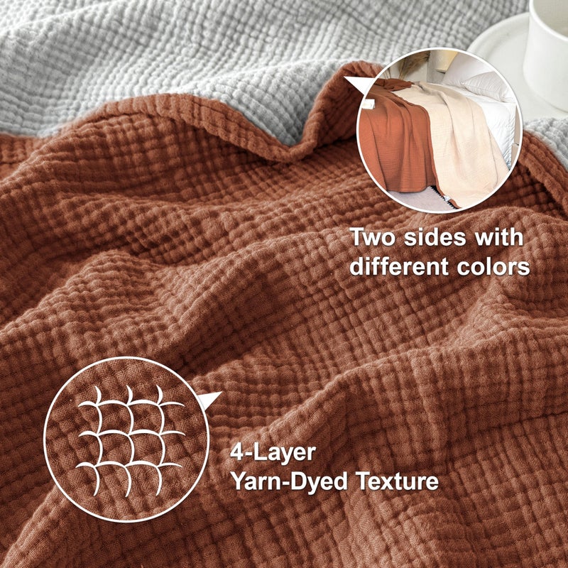 Simple&Opulence 100% Cotton Muslin Blanket, Lightweight Breathable 4 Layering Soft Cotton Throw Blanket,Gauze Blanket for Bed Couch Camping All-Season Use (Rust Orange, 50"x60") - Image 3