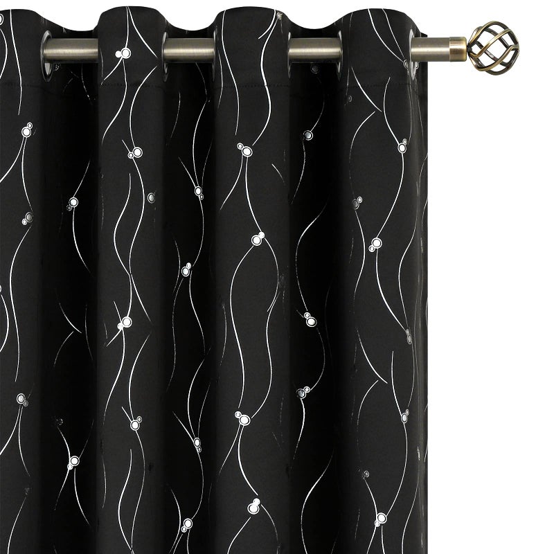 BGment Black Blackout Curtains 72 Inch Length 2 Panels Set Grommet Thermal Insulated Room Darkening Window Curtains with Wave Line and Dots Printed for Bedroom 52 x 72 Inch Black