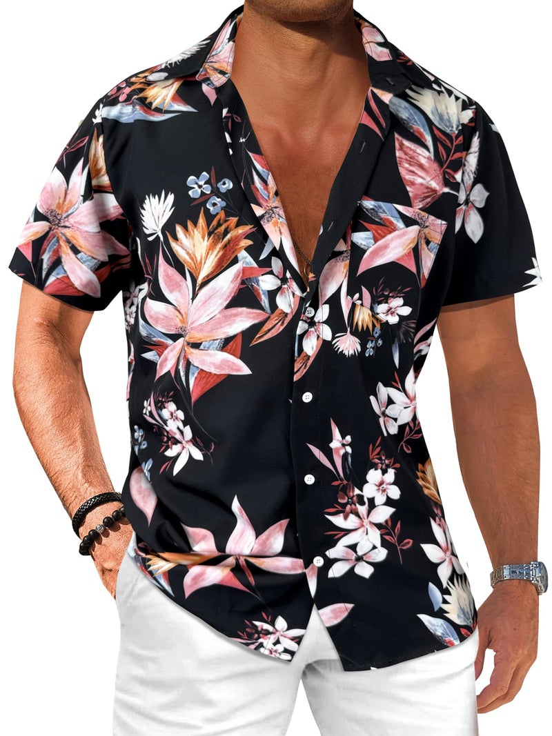 Comdecevis Men's Hawaiian Floral Shirts Short Sleeve Button Down Tropical Summer Beach Shirts Flower Black Large - Image 1