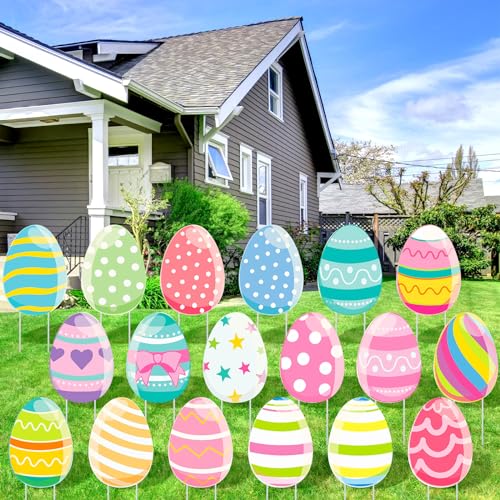 GlikCeil 18 Pcs Easter Colorful Eggs Yard Signs with Stakes Cute Eggs Yard Decorations Decor Waterproof Outdoor Decorations with Stakes for Home Lawn Garden Pathway Walkway Party Supplies, 18 Styles - Image 2