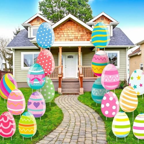 GlikCeil 18 Pcs Easter Colorful Eggs Yard Signs with Stakes Cute Eggs Yard Decorations Decor Waterproof Outdoor Decorations with Stakes for Home Lawn Garden Pathway Walkway Party Supplies, 18 Styles - Image 1