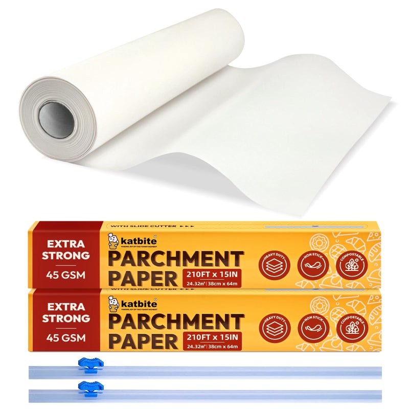 Katbite Parchment Paper Roll for Baking 2 Pack of 15 in x 210 ft Heavy Duty Cooking Paper for Baking Bread Cookies Nonstick for Oven Air Fryer Steamer Heat Press with 2Pcs of Slide Cutter