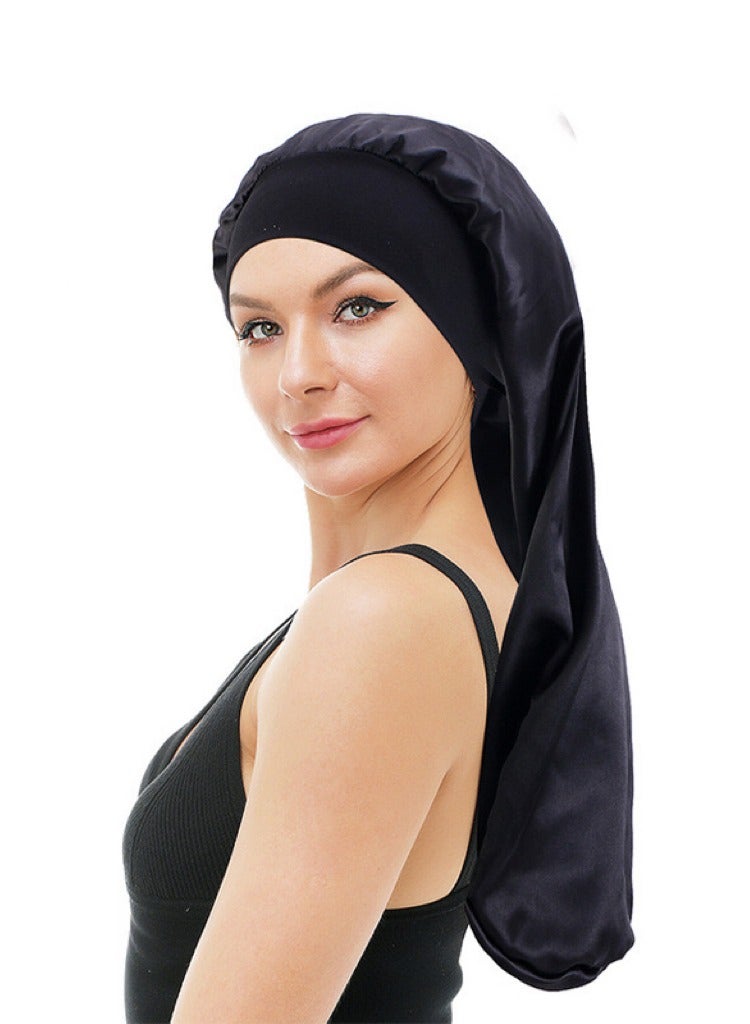 متجر الفرح غطاء نوم من الساتان بونيه حريري للشعر الطبيعي، أغطية طويلة جدًا وكبيرة جدًا للسيدات، شريط مرن عريض ليلًا، ناعم جدًا ومريح، أسود - Image 2