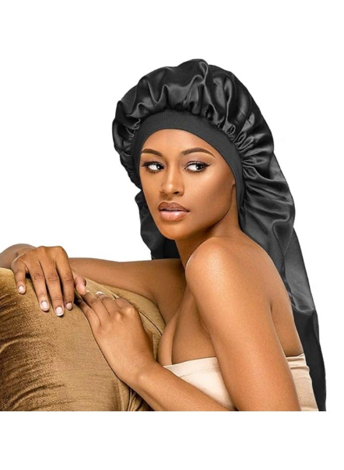 متجر الفرح غطاء نوم من الساتان بونيه حريري للشعر الطبيعي، أغطية طويلة جدًا وكبيرة جدًا للسيدات، شريط مرن عريض ليلًا، ناعم جدًا ومريح، أسود - Image 1