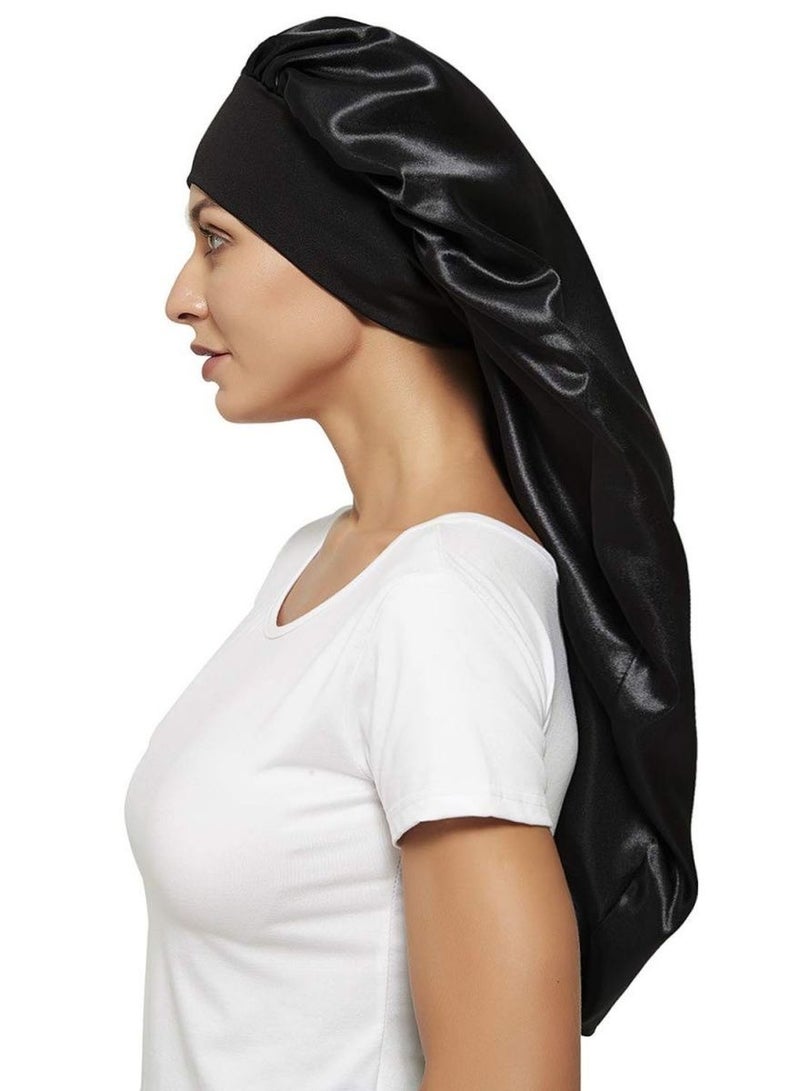 متجر الفرح غطاء نوم من الساتان بونيه حريري للشعر الطبيعي، أغطية طويلة جدًا وكبيرة جدًا للسيدات، شريط مرن عريض ليلًا، ناعم جدًا ومريح، أسود - Image 5