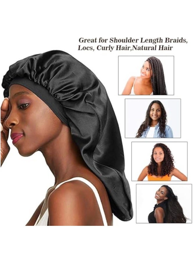 متجر الفرح غطاء نوم من الساتان بونيه حريري للشعر الطبيعي، أغطية طويلة جدًا وكبيرة جدًا للسيدات، شريط مرن عريض ليلًا، ناعم جدًا ومريح، أسود - Image 3