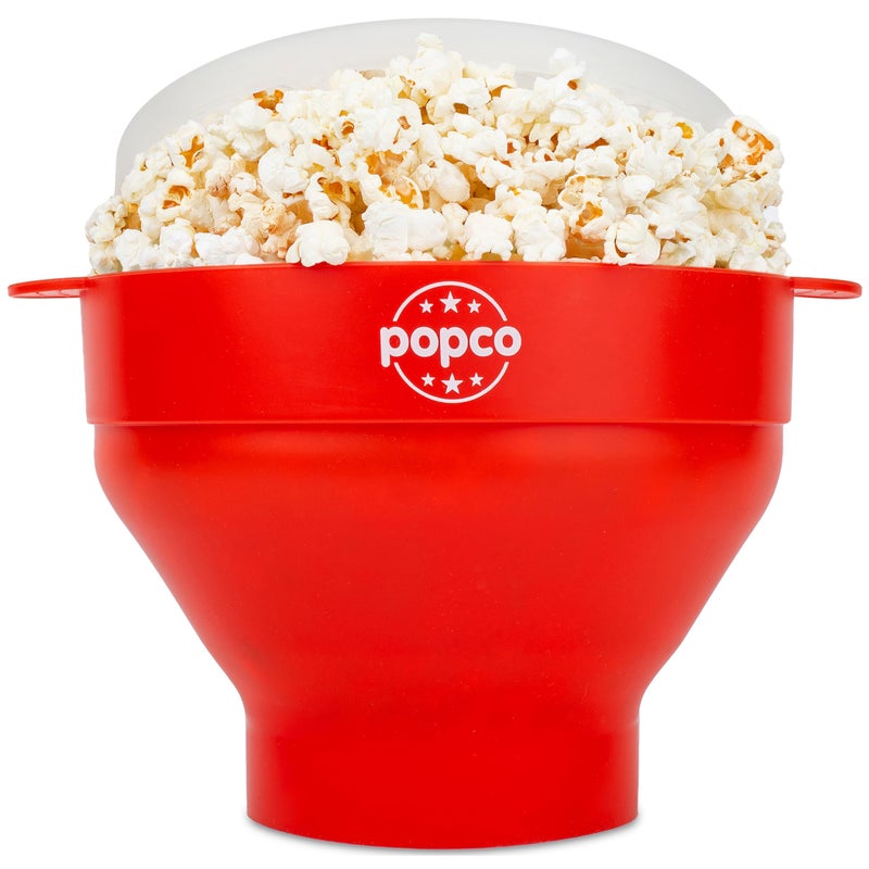 POPCO Microwave Popcorn Bowl  Silicone Snack Popcorn Popper with Handles  Collapsible Design 23 Height When Folded Dishwasher Safe Bowl for Healthy Treats  Red