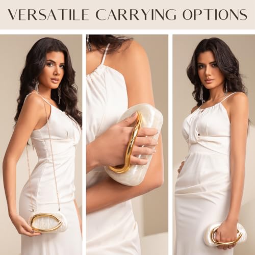 PHILOMENA Women Acrylic Clutch Purse Metal Handle Evening Bag Trendy Box Shoulder Crossbody Bag Handbag for Wedding Party Causal (Beige) - Image 3