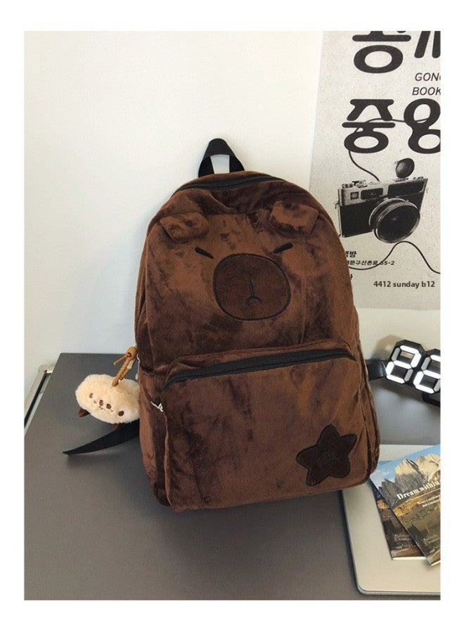 Large Capacity Japanese Style Cute Plush Backpack Junior Senior High School Student Schoolbag Casual Travel Backpack-Color:Dark Brown Single Bag-Size:32*15*43 - Image 1