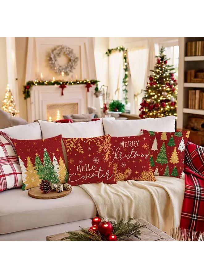 JYM639 3 Christmas Tree Snowflake Print Cushion Cover Red Green Yellow Holiday Pillow Case Golden Patterns Zippered Machine Washable - Image 4