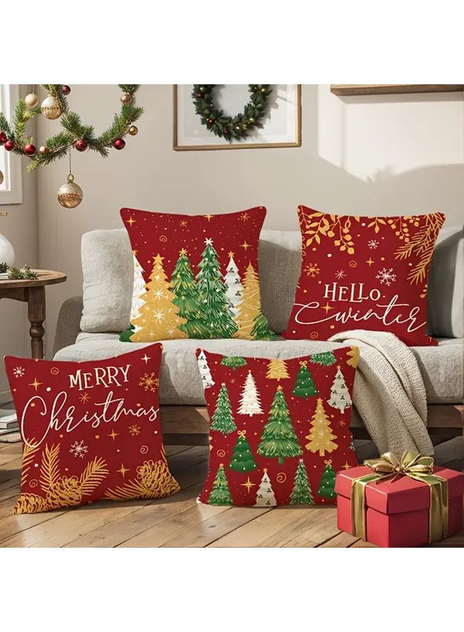 JYM639 3 Christmas Tree Snowflake Print Cushion Cover Red Green Yellow Holiday Pillow Case Golden Patterns Zippered Machine Washable - Image 1