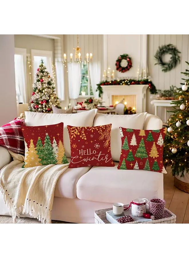 JYM639 3 Christmas Tree Snowflake Print Cushion Cover Red Green Yellow Holiday Pillow Case Golden Patterns Zippered Machine Washable - Image 2