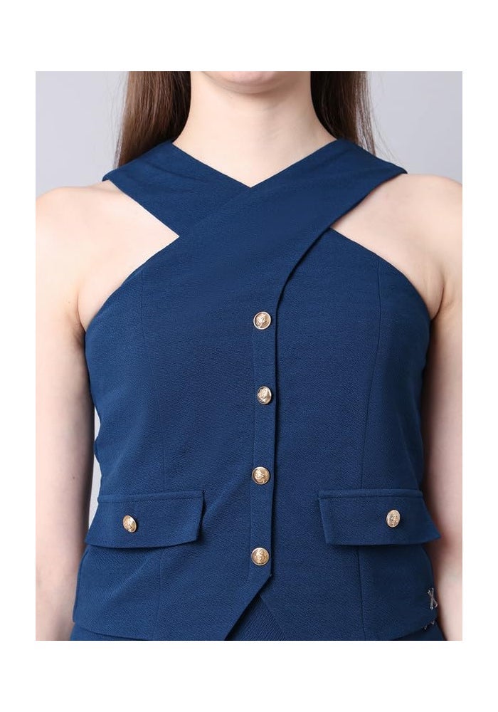 Exude Blue Halter Top & Long Skirt Co-Ord Set for Women - Image 2