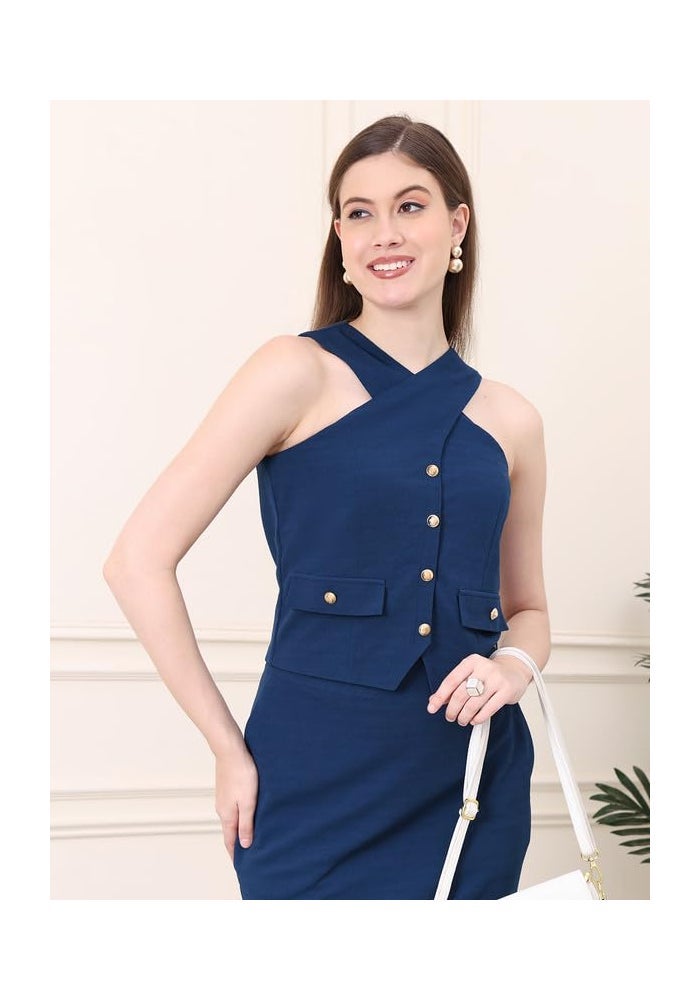 Exude Blue Halter Top & Long Skirt Co-Ord Set for Women - Image 3