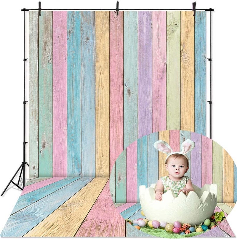 RUYI Colorful Wood Backdrop for Photography 5x7FT Easter Pastel Rustic Wooden Background Boy Girl Birthday Party Decorations Portrait Photoshoot Studio Props - Image 1