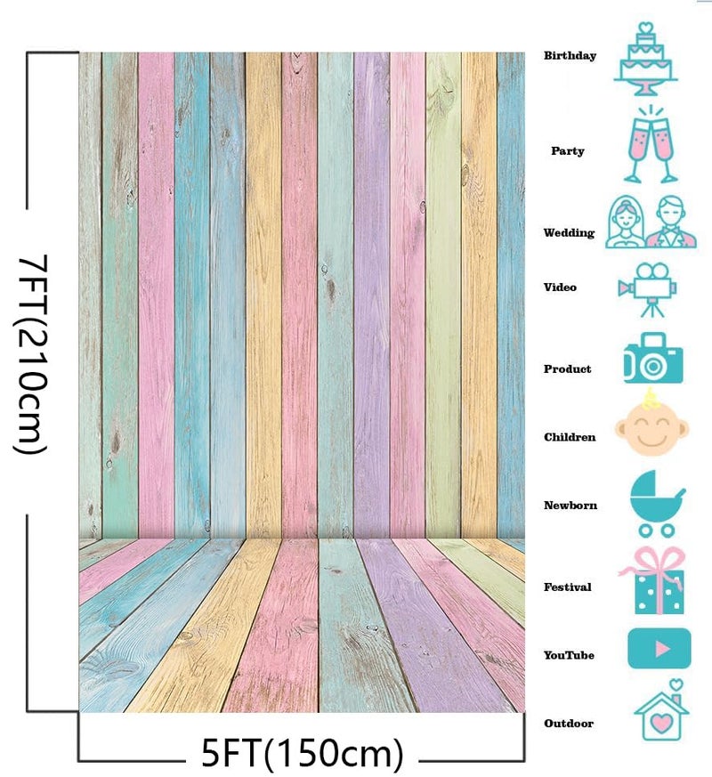 RUYI Colorful Wood Backdrop for Photography 5x7FT Easter Pastel Rustic Wooden Background Boy Girl Birthday Party Decorations Portrait Photoshoot Studio Props - Image 5