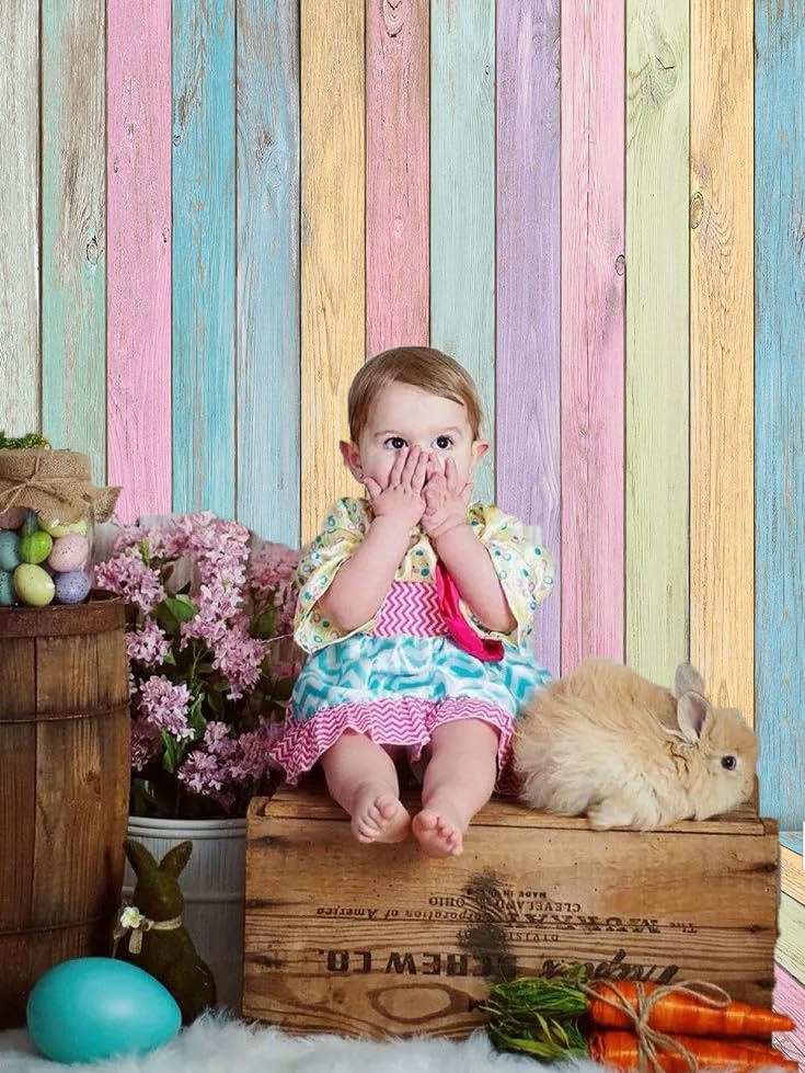 RUYI Colorful Wood Backdrop for Photography 5x7FT Easter Pastel Rustic Wooden Background Boy Girl Birthday Party Decorations Portrait Photoshoot Studio Props - Image 3