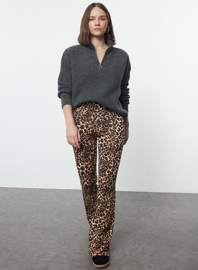 trendyol Brown Animal Patterned Flare/Wide Leg High Waist Trousers - Image 1