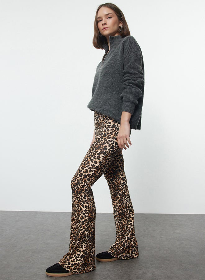 trendyol Brown Animal Patterned Flare/Wide Leg High Waist Trousers - Image 2