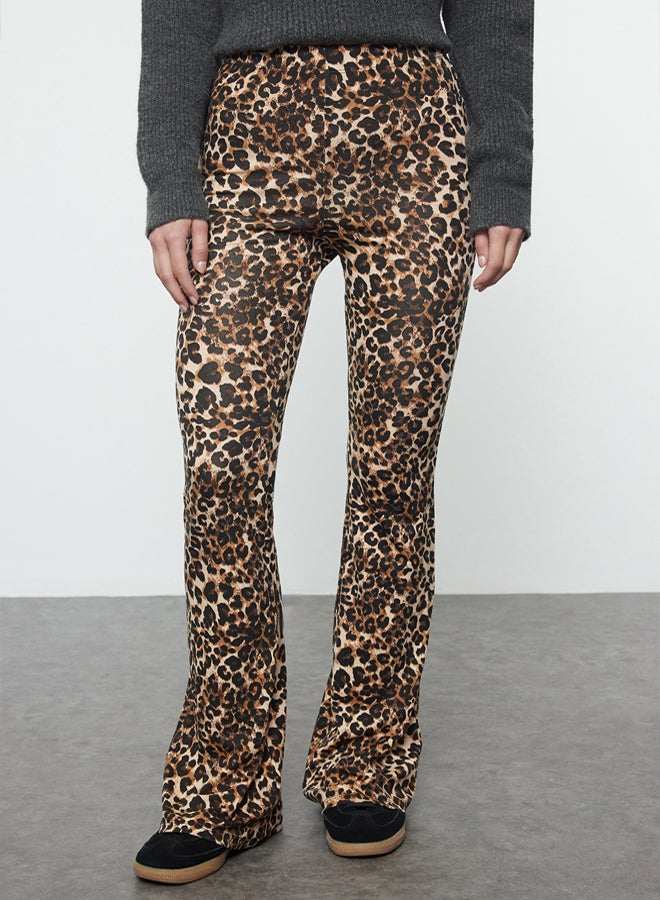 trendyol Brown Animal Patterned Flare/Wide Leg High Waist Trousers - Image 3