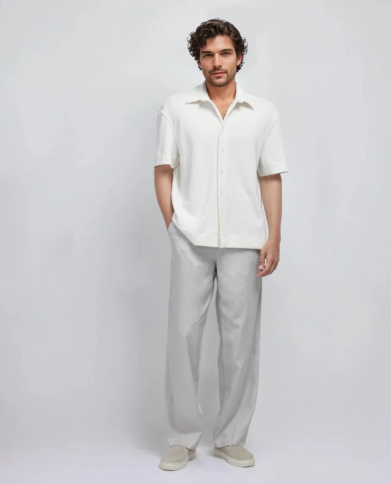 Rare Rabbit Rare Rabbit Men Kash White Viscose Fabric Half Sleeve Collared Neck Button Closure Oversized Fit Plain Shirt