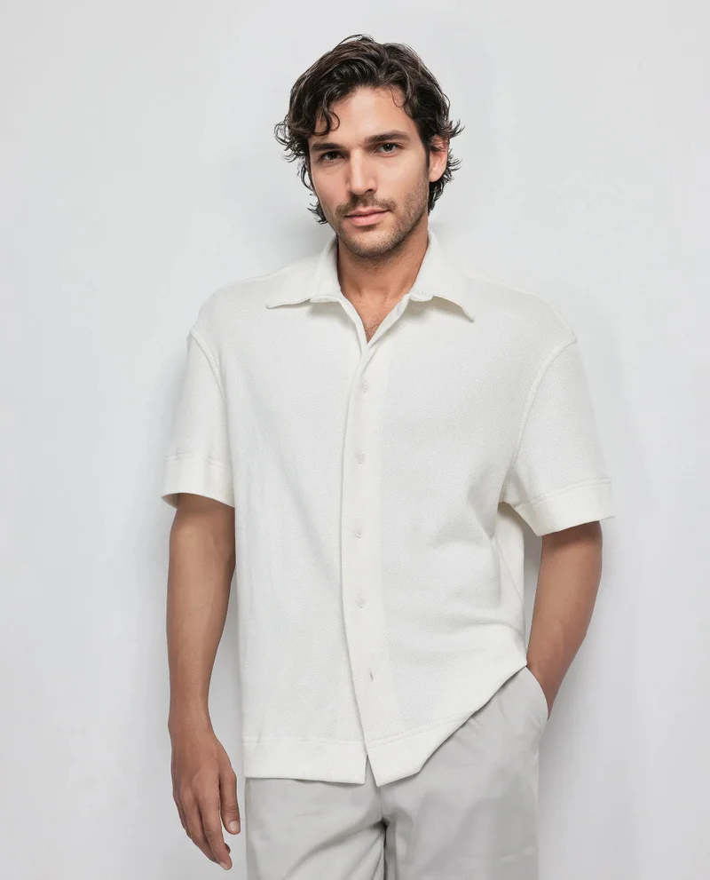 Rare Rabbit Rare Rabbit Men Kash White Viscose Fabric Half Sleeve Collared Neck Button Closure Oversized Fit Plain Shirt