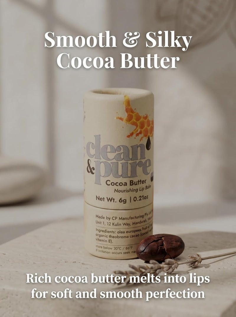 Clean & Pure Cocoa Butter Lip Balm – 100% Natural, Cocoa Butter & Beeswax for Moisturizing, Nourishing & Soft Lips, 6g - Image 1