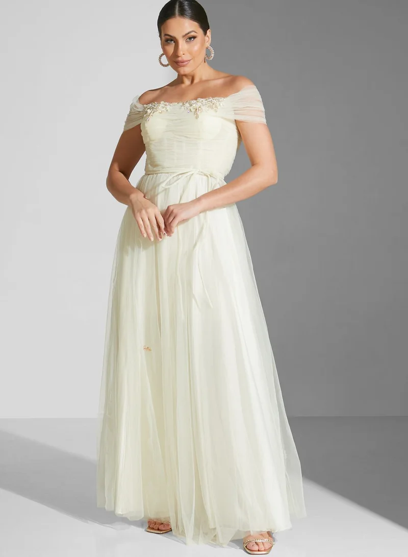 Fashion Trends by Suzy Matar Bardot Mesh Tiered Dress