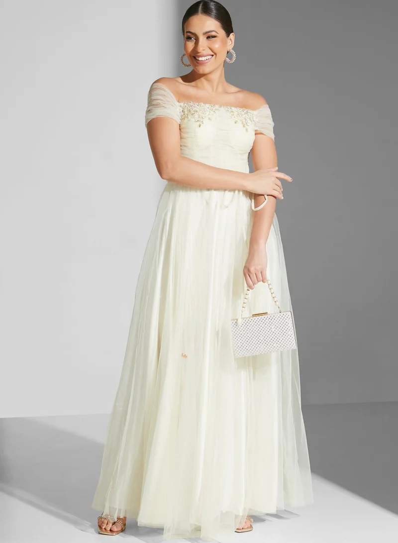 Fashion Trends by Suzy Matar Bardot Mesh Tiered Dress