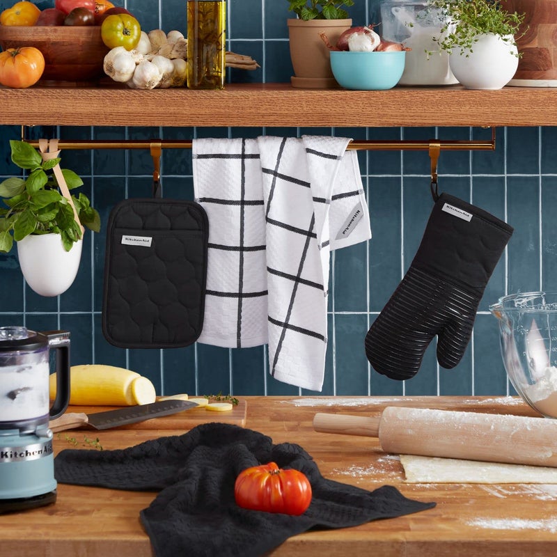 KitchenAid Quilted Cotton Terry Cloth Oven Mitt, Pot Holder, Kitchen Towel 4-Pack Set, Heat Resistant, Silicone Grip, Gift Set, Matte Black, 16"x26", 7"x13" & 7"x10" - Image 2