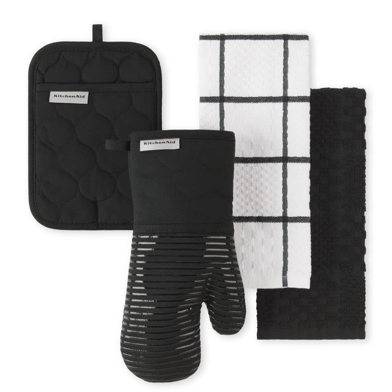 KitchenAid Quilted Cotton Terry Cloth Oven Mitt, Pot Holder, Kitchen Towel 4-Pack Set, Heat Resistant, Silicone Grip, Gift Set, Matte Black, 16"x26", 7"x13" & 7"x10" - Image 1