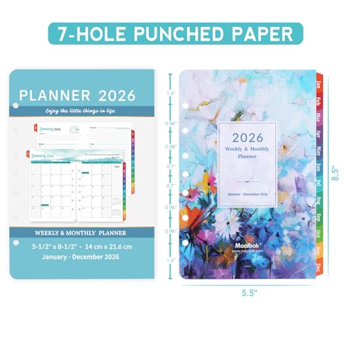 MaaIbok 2026 Planner Refills - Planner Inserts with 7-Hole Punched, 5-1/2" x 8-1/2", Runs from Jan 2026 to Dec 2026, Weekly and Monthly Spread, Colorful Monthly Tabs - Image 5