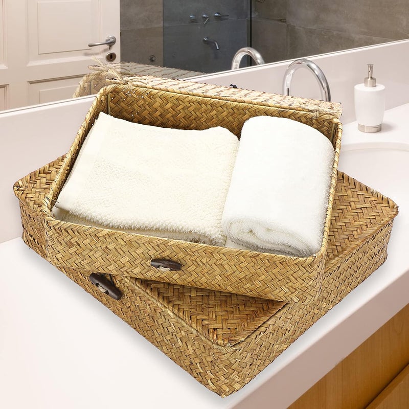 Hipiwe Set of 2 Flat Woven Wicker Storage Bins with Lid Natural Seagrass Basket Boxes Multipurpose Home Organizer Bins Boxes for Shelf Organizer, Caramel - Image 4