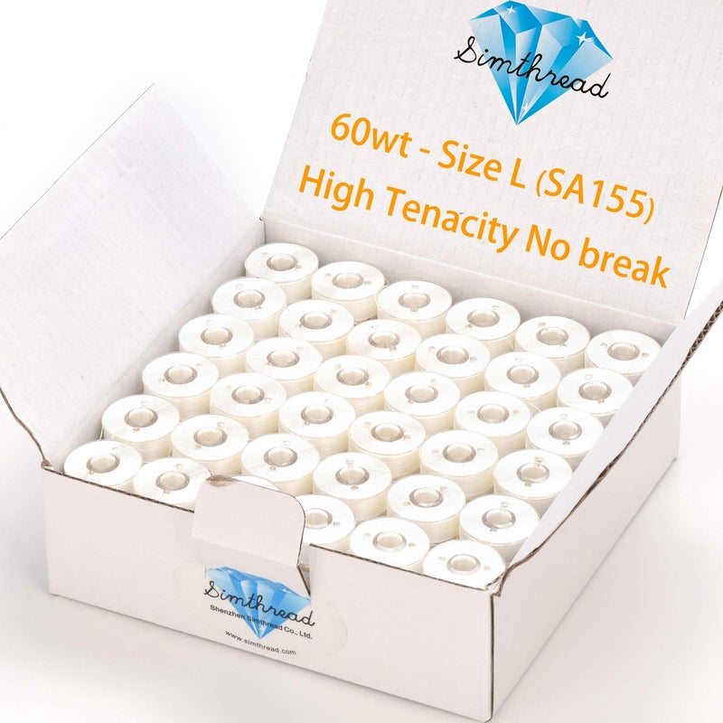 Simthread 144 Prewound Bobbin Thread Size L 60WT SA155 for Husqvarna Viking pfaff Creative Vision Embroidery Machines Plastic Side  White