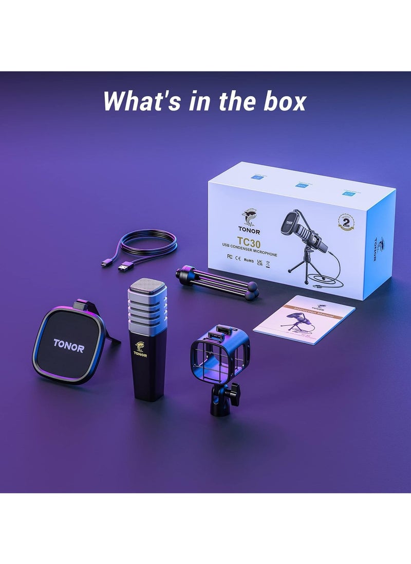 ميكروفون USB مكثف ذو منحنى قلبي للكمبيوتر مع فلتر بوب وحامل ميكروفون شوك، مناسب لبث الفيديو والبث الصوتي والتويتش من تونور، متوافق مع اللابتوب والكمبيوتر المكتبي، TC30S، أسود