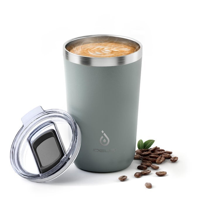 20 OZ TUMBLER TRAVEL COFFEE MUG WITH SPLASH PROOF SLIDING LID DOUBLE WALL STAINLESS STEEL VACUUM INSULATED COFFEE MUG FOR HOME AND OFFICE KEEP BEVERAGES HOT OR COLD GRAY
