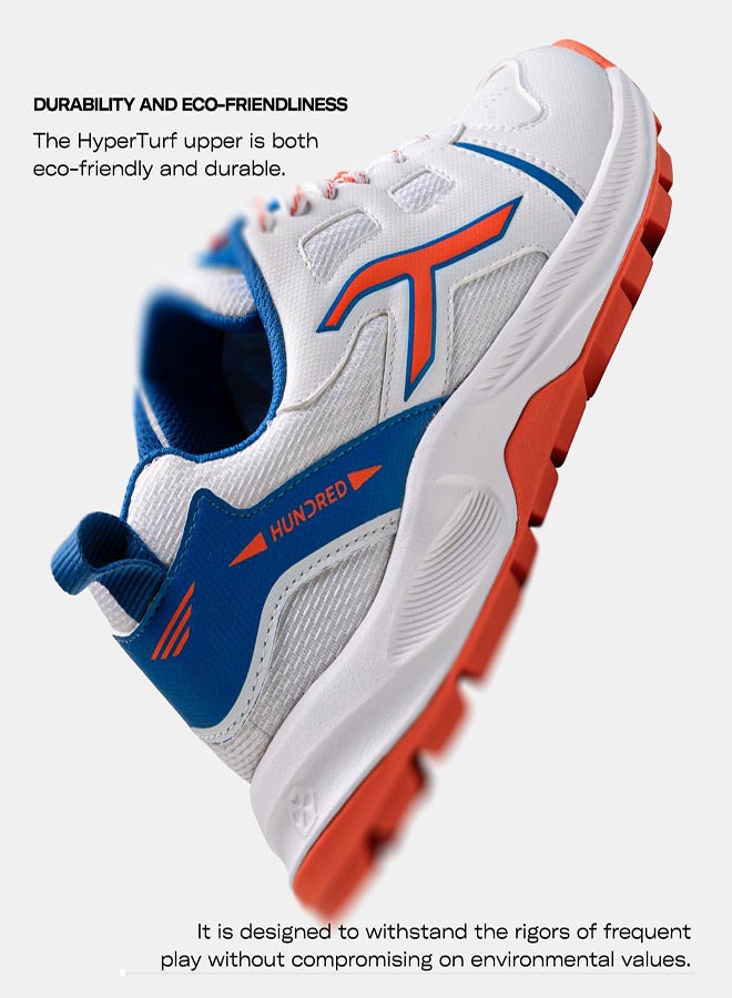 HUNDRED Hyperturf Cricket Shoes | Terraspike Rubber Studs | Embedded Support Plate For Stability | Lightweight & Durable | Ideal For Turf, Ground & Hard Surfaces (White/Blue/Orange ; Uk 5) - Image 2