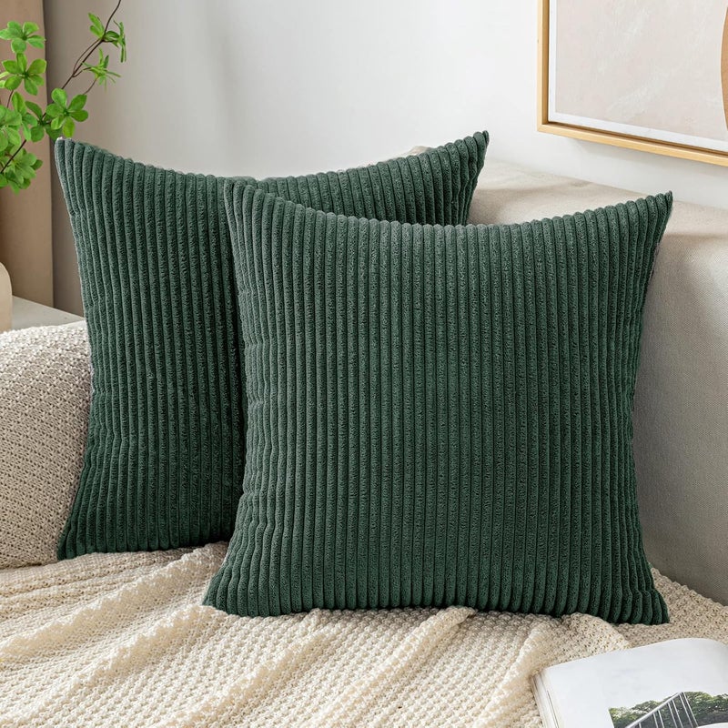 EMEMA Cushion Cover, 60 x 60 cm, Corduroy Cushion Covers, Decorative Sofa Cushion, Corduroy Cushion Cover, Decorative Soft, for Sofa, Living Room, Bedroom, Set of 2, Dark Green - Image 1