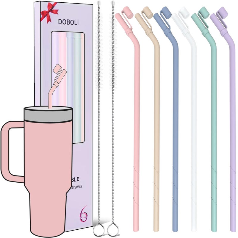 Doboli Replacement 13 inch Long Silicone Straw With Straw Cover,Compatible with Stanley Owala 40 oz 30 oz Cup Tumbler, 6 Pack Reusable Bent Straw with Cleaning Brush,for Stanley Tumbler Accessorie - Image 1