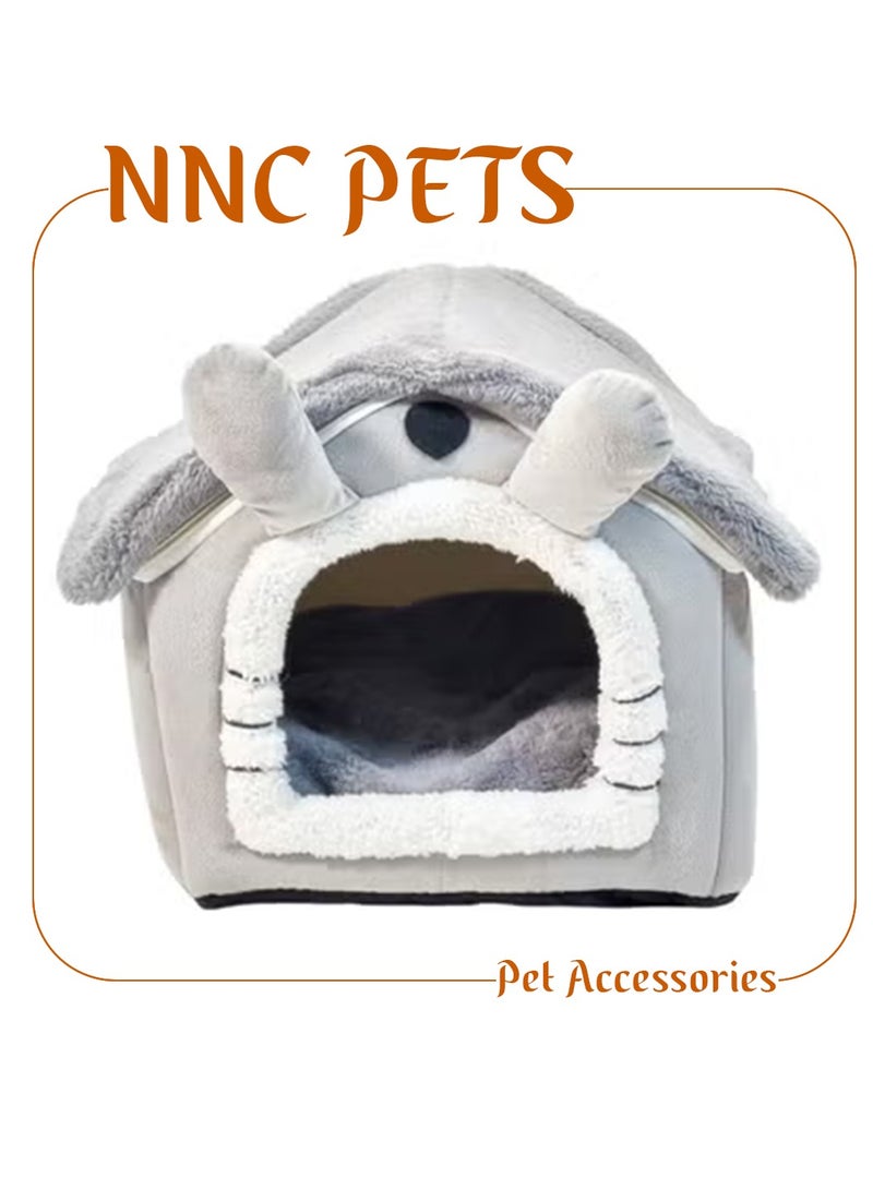أن ان سي بيتس سرير قطط للقطط الداخلية، بيت قطط على شكل منزل مع وسادة قابلة للإزالة، سحاب متين، وقاعدة مضادة للانزلاق، سرير نوم شبه مغلق للحيوانات الأليفة، بيت قطط قابل للطي 34 سم (رمادي) - Image 1
