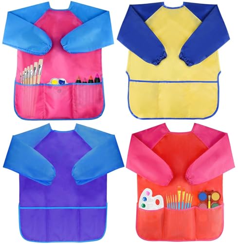 Bassion 4 Pack Kids Art Smock Toddlers Painting Aprons Colorful Waterproof Children Artist Smock with Long Sleeve 3 Roomy Pockets for Age 28 Years GiftsYellow Multicolor - Image 1