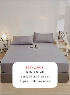 LUNA Home King Size Fitted bed sheet 180*200+30 cm with 2 pillow covers,  set of 3 pieces, plain grey color.  - Image 2