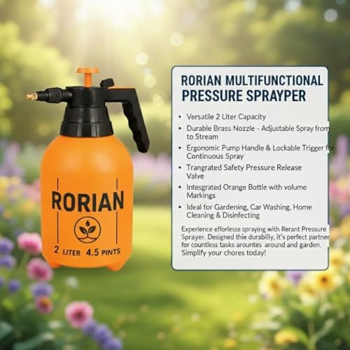 RORIAN 2-Liter Pump Pressure Sprayer – Handheld Garden Sprayer with Adjustable Brass Nozzle for Plants, Lawn, Cleaning, and Fertilizing – 2L / 4.5 Pints - Image 4