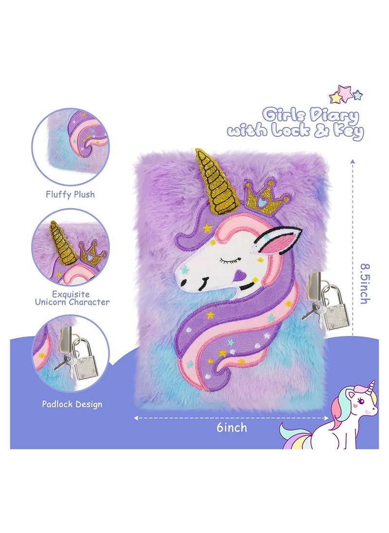 Kids Diary with Lock and Key Sparkly Journal Diary for Girls Kids Gift Embroidery Fuzzy Lined Notebook School Office Writing Drawing Notepad with 160 Pages